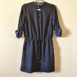 Lumiere Black Pinstripe Shirt Dress Size S Long Sleeve MIDI Cuff Tie Front